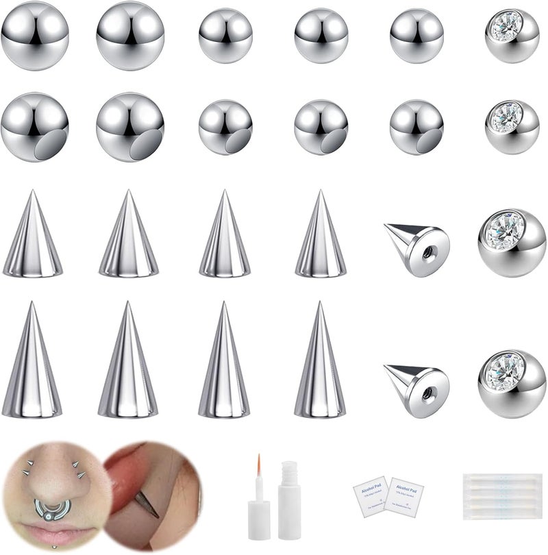 BodyAce 24Pcs Fake Nose Lip Labret Studs Eyebrow Rings, 3mm 4mm Replacement Balls Long Spike Cone with Eyelash Glue, Non-Piercing Body Jewelry Fake Skin Piercing - Image 1